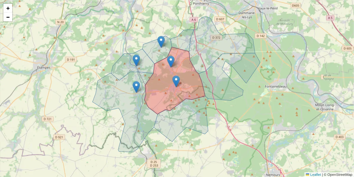 Carte de la zone du code postal  et des codes postaux voisins en France