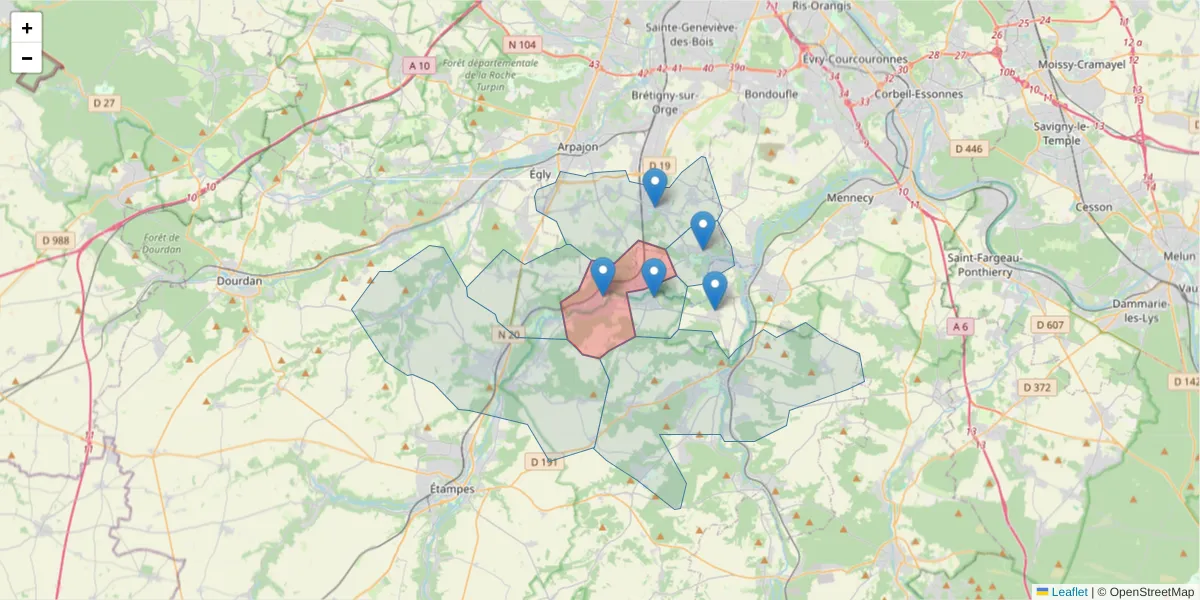 Carte de la zone du code postal  et des codes postaux voisins en France