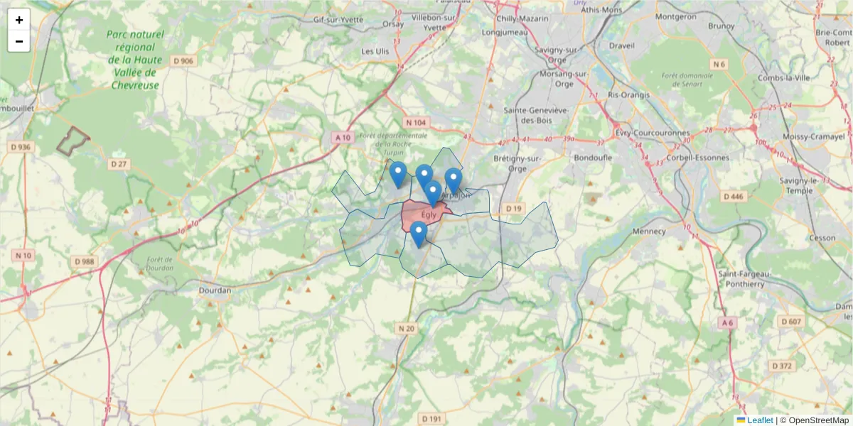 Carte de la zone du code postal  et des codes postaux voisins en France