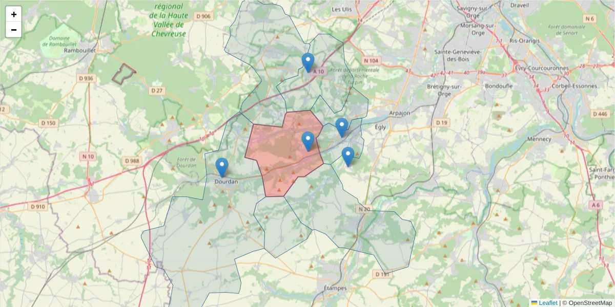 Carte de la zone du code postal  et des codes postaux voisins en France