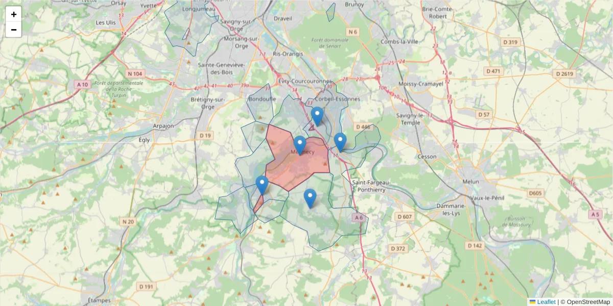 Carte de la zone du code postal  et des codes postaux voisins en France