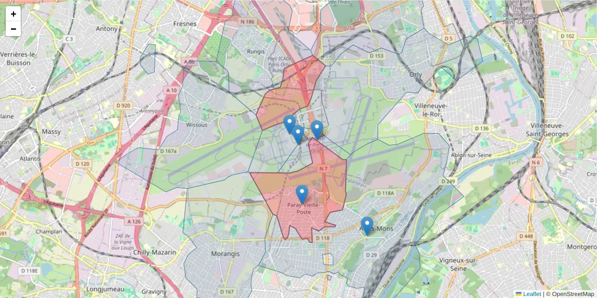 Carte de la zone du code postal  et des codes postaux voisins en France