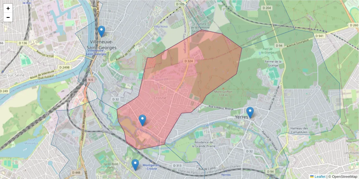 Carte de la zone du code postal  et des codes postaux voisins en France
