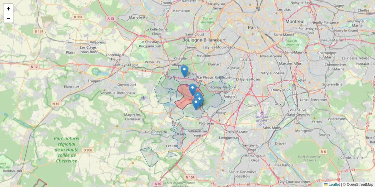 Carte de la zone du code postal  et des codes postaux voisins en France