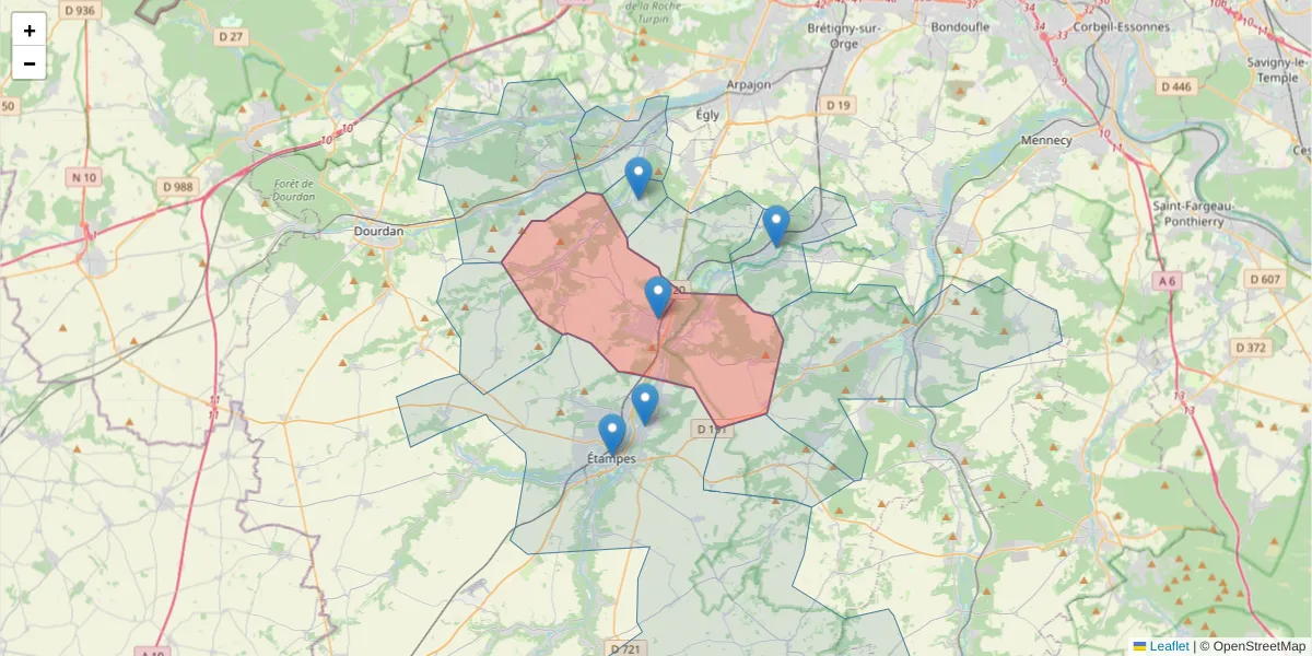Carte de la zone du code postal  et des codes postaux voisins en France