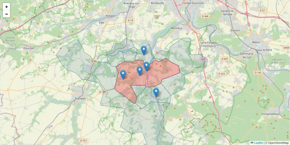 Carte de la zone du code postal  et des codes postaux voisins en France