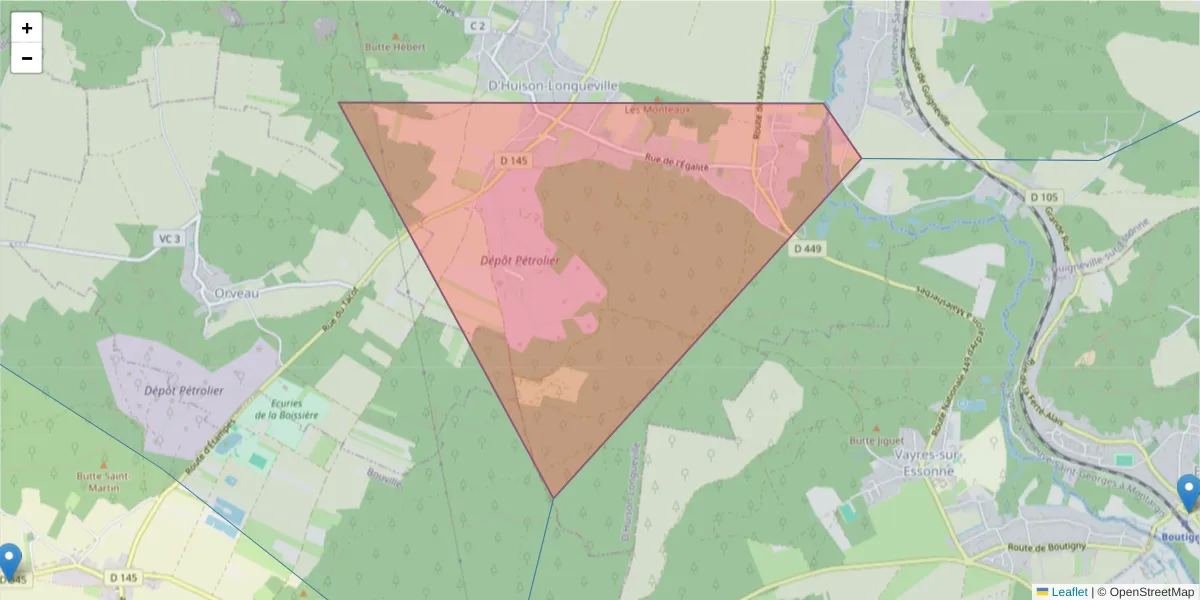 Carte de la zone du code postal  et des codes postaux voisins en France