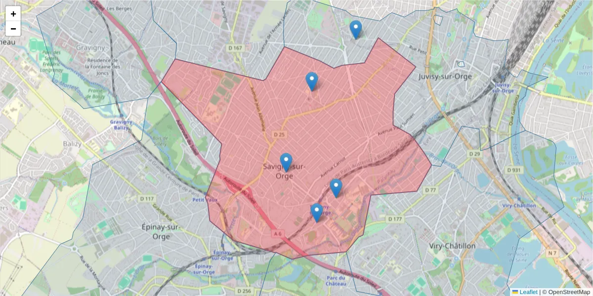 Carte de la zone du code postal  et des codes postaux voisins en France