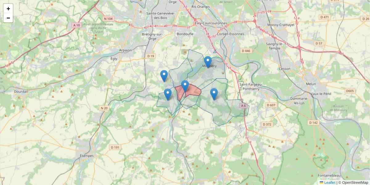 Carte de la zone du code postal  et des codes postaux voisins en France