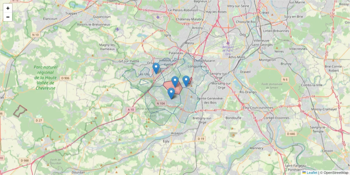 Carte de la zone du code postal  et des codes postaux voisins en France
