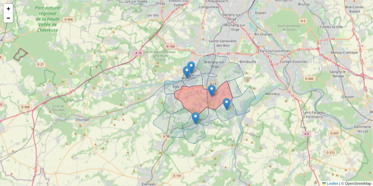 Carte de la zone du code postal  et des codes postaux voisins en France