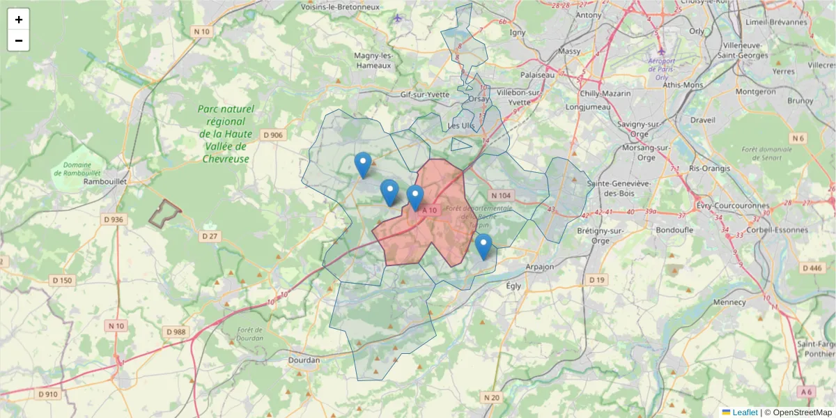 Carte de la zone du code postal  et des codes postaux voisins en France