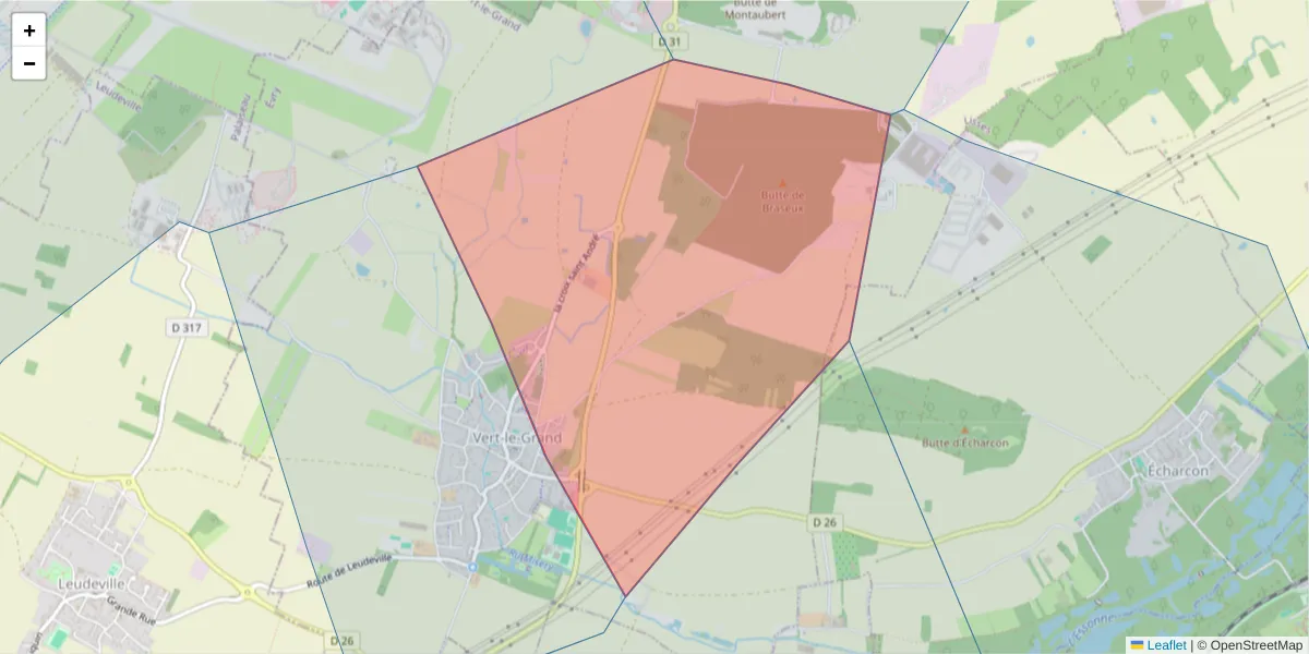 Carte de la zone du code postal  et des codes postaux voisins en France