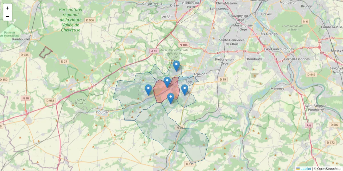 Carte de la zone du code postal  et des codes postaux voisins en France