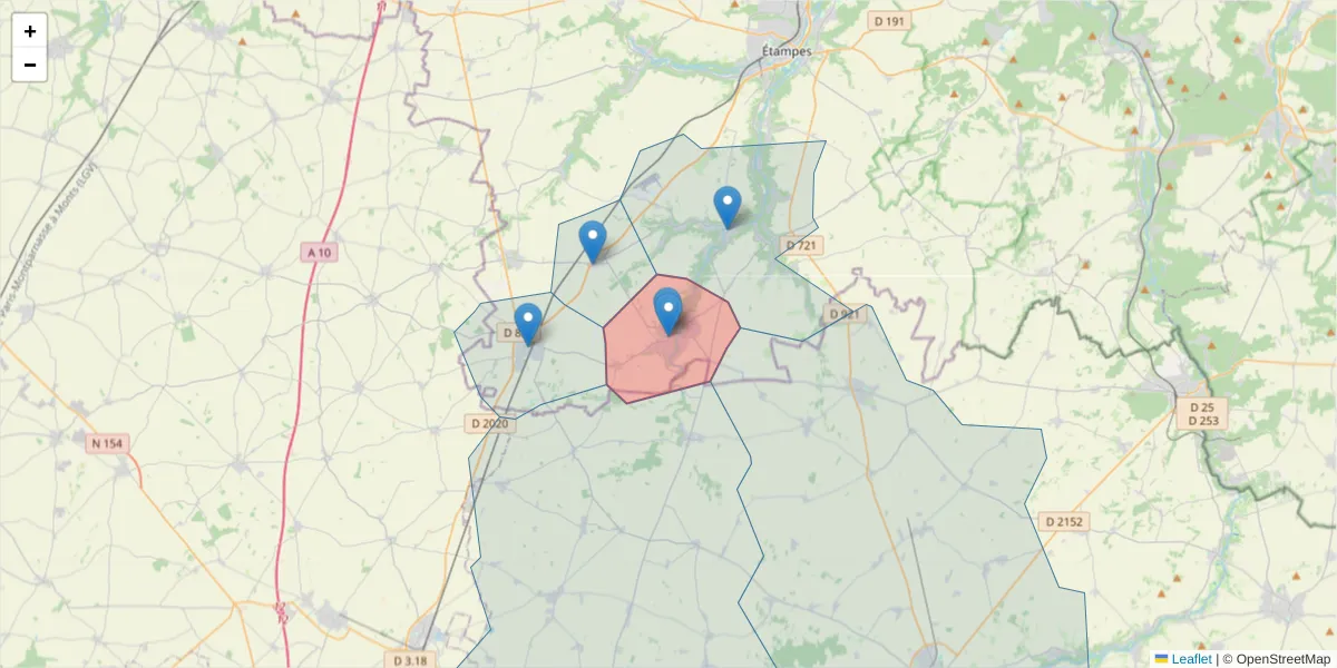 Carte de la zone du code postal  et des codes postaux voisins en France