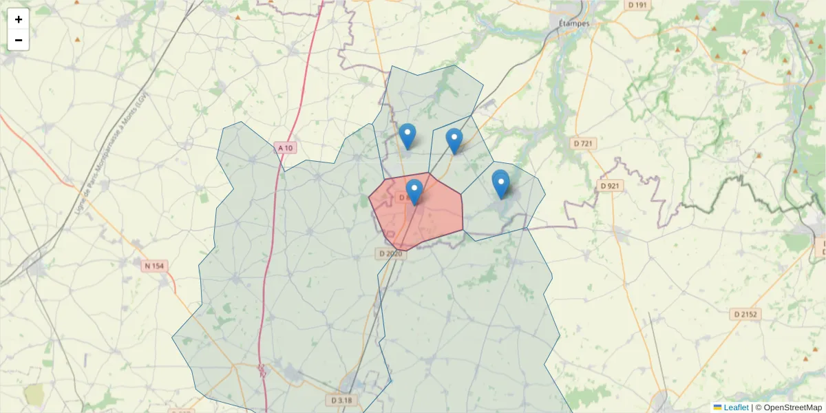 Carte de la zone du code postal  et des codes postaux voisins en France