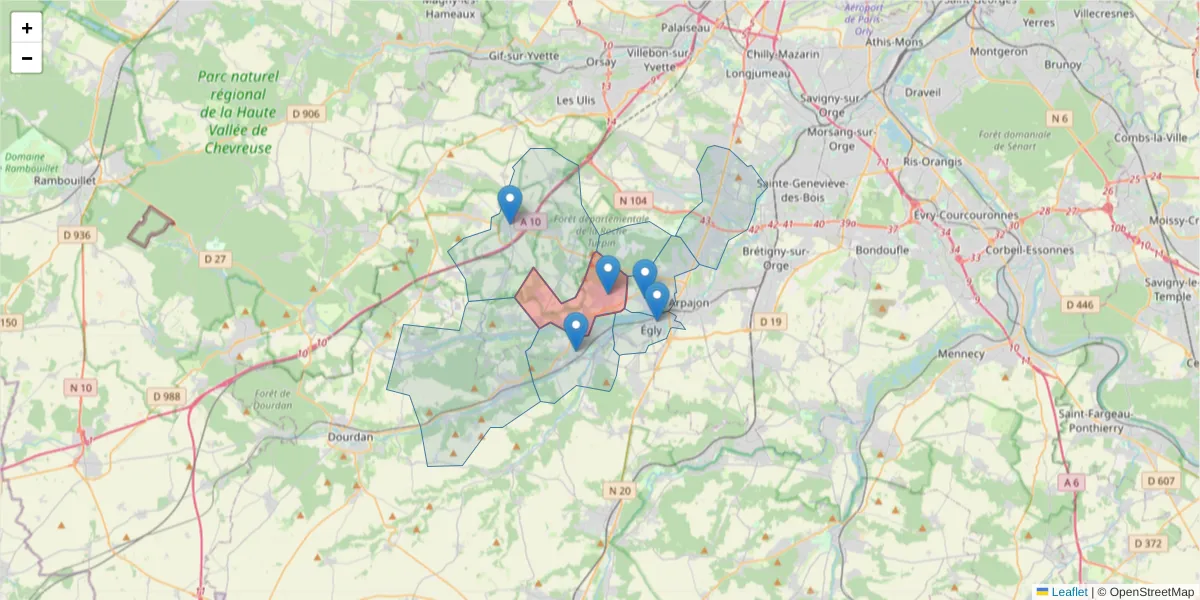 Carte de la zone du code postal  et des codes postaux voisins en France