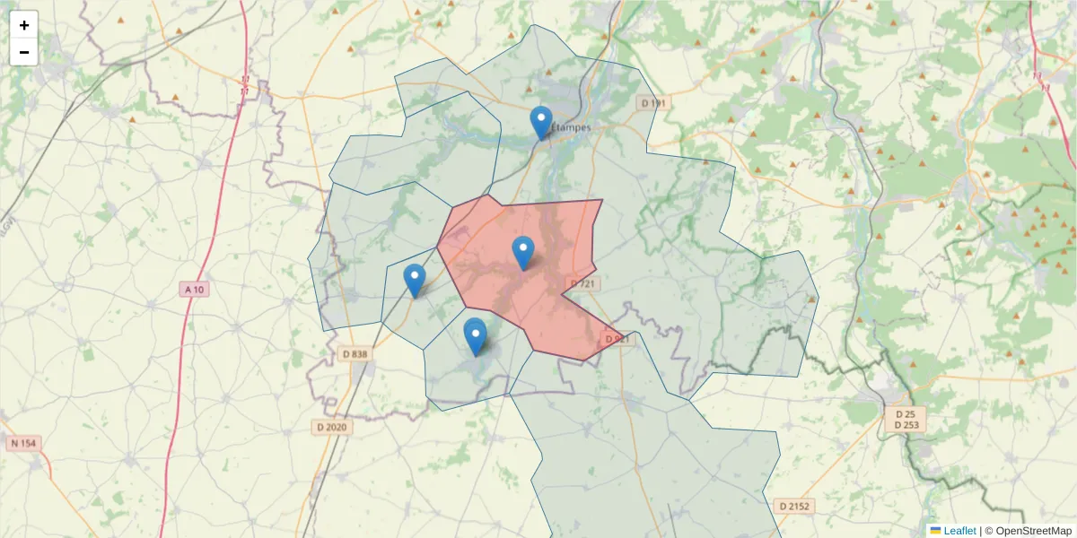 Carte de la zone du code postal  et des codes postaux voisins en France