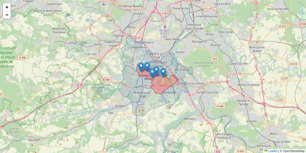 Carte de la zone du code postal  et des codes postaux voisins en France