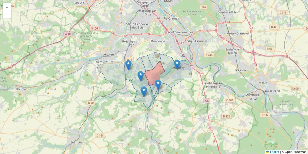Carte de la zone du code postal  et des codes postaux voisins en France