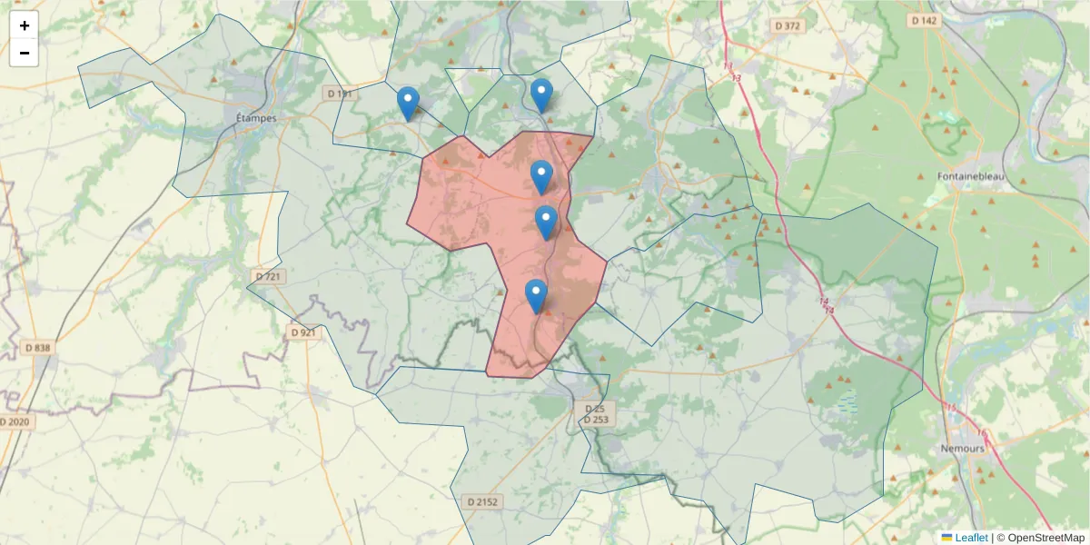 Carte de la zone du code postal  et des codes postaux voisins en France