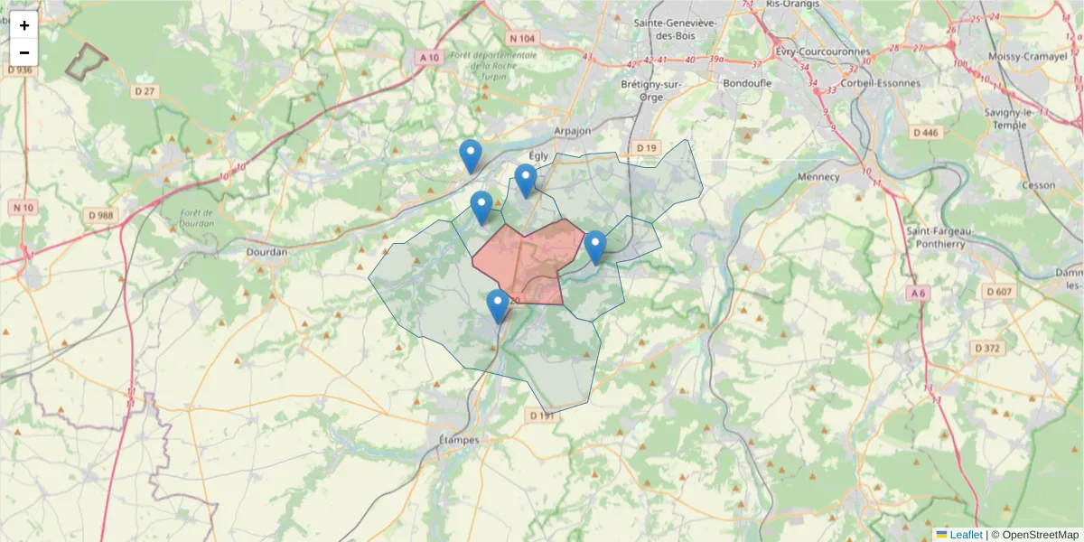 Carte de la zone du code postal  et des codes postaux voisins en France