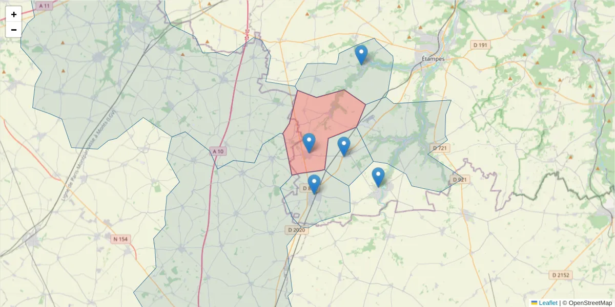 Carte de la zone du code postal  et des codes postaux voisins en France