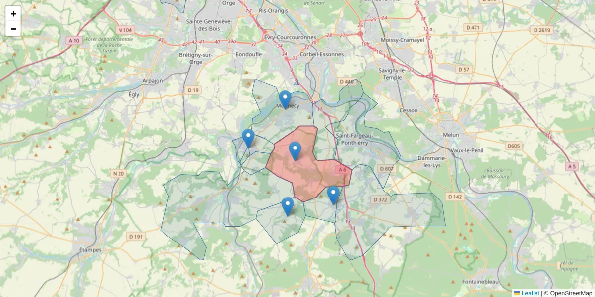 Carte de la zone du code postal  et des codes postaux voisins en France