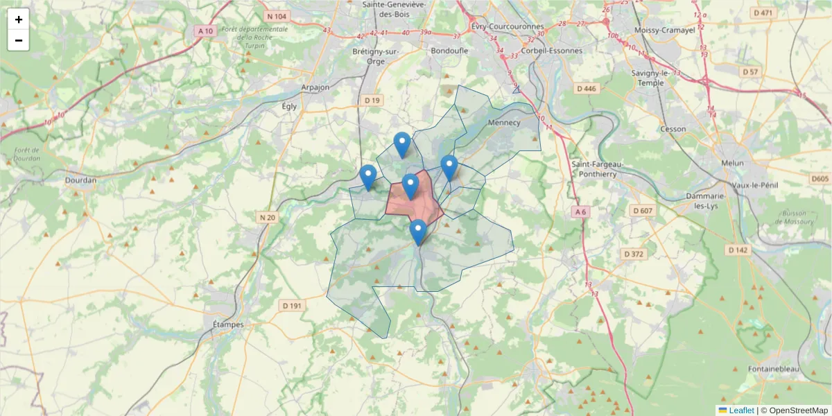 Carte de la zone du code postal  et des codes postaux voisins en France