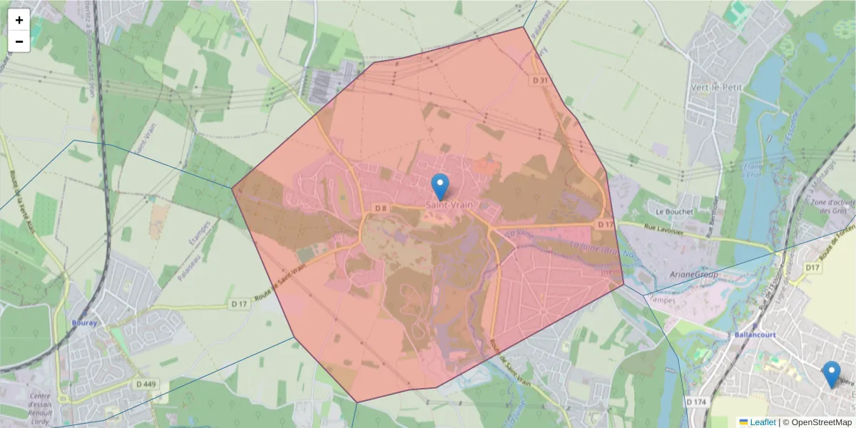 Carte de la zone du code postal  et des codes postaux voisins en France