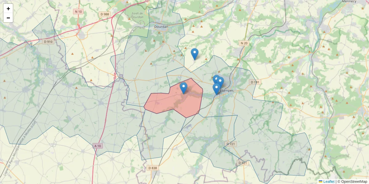 Carte de la zone du code postal  et des codes postaux voisins en France