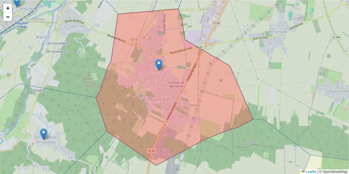 Carte de la zone du code postal  et des codes postaux voisins en France
