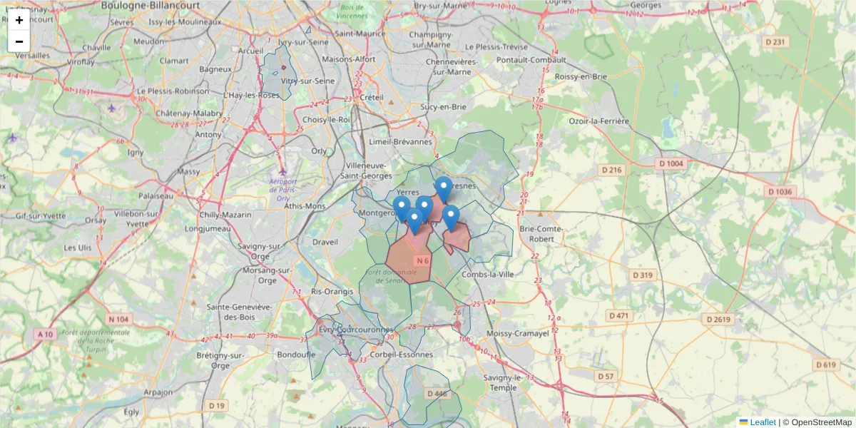 Carte de la zone du code postal  et des codes postaux voisins en France