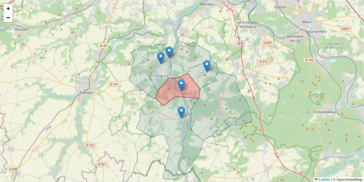 Carte de la zone du code postal  et des codes postaux voisins en France