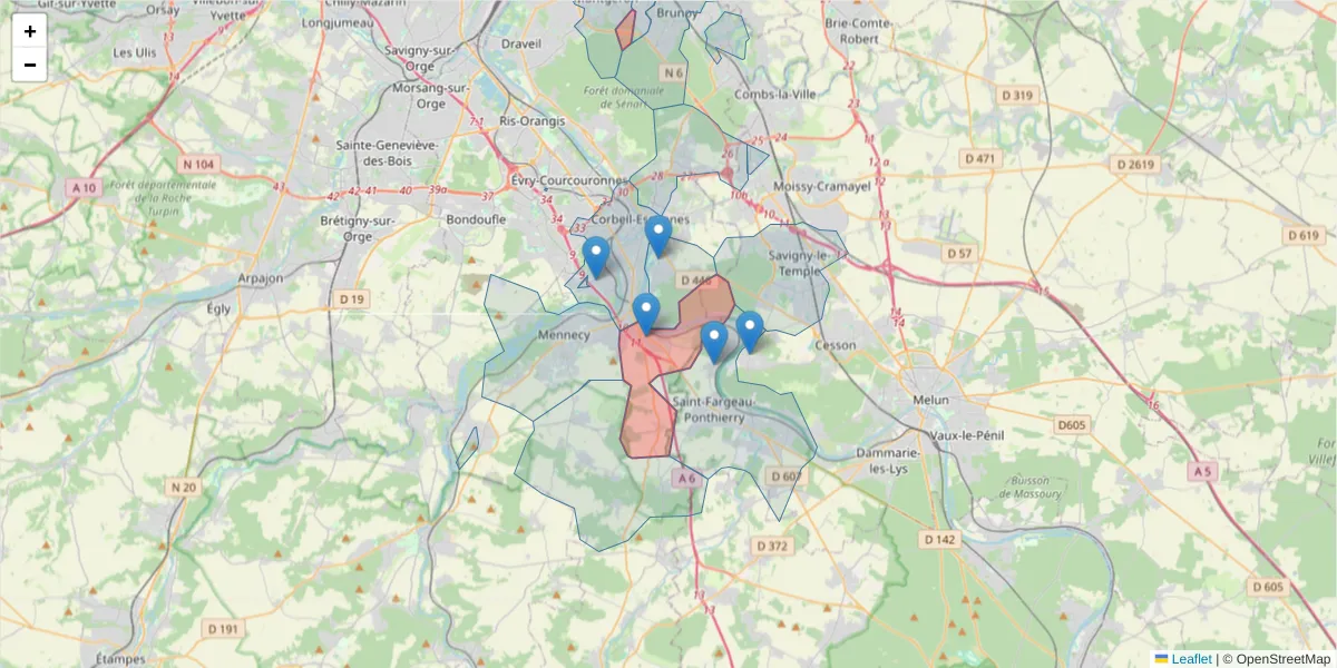 Carte de la zone du code postal  et des codes postaux voisins en France
