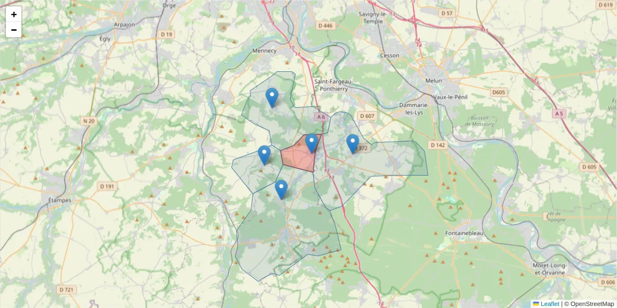 Carte de la zone du code postal  et des codes postaux voisins en France