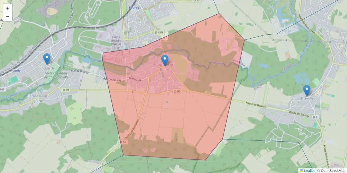 Carte de la zone du code postal  et des codes postaux voisins en France