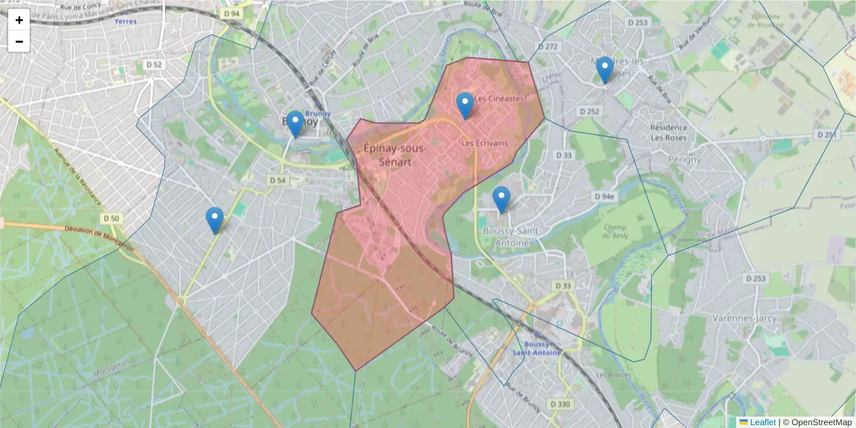 Carte de la zone du code postal  et des codes postaux voisins en France