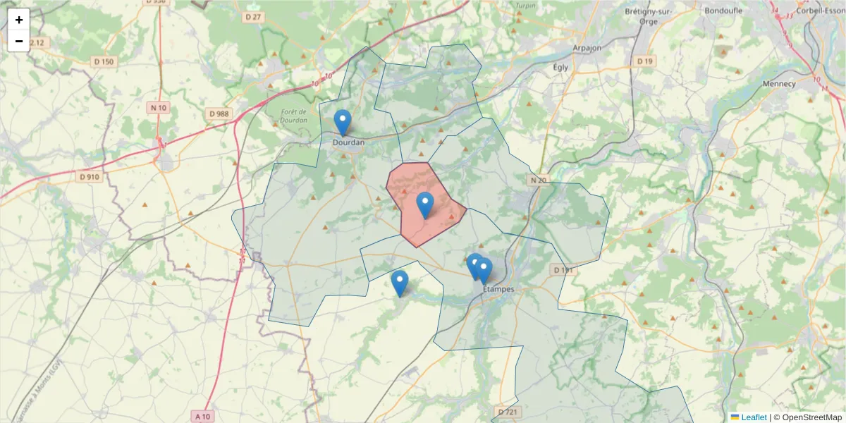 Carte de la zone du code postal  et des codes postaux voisins en France