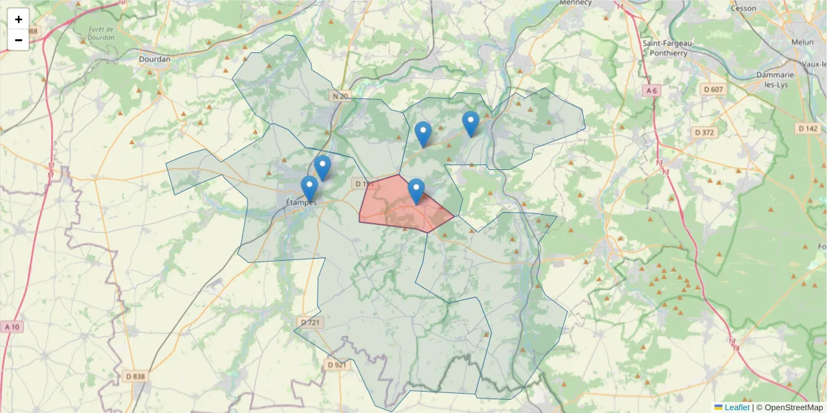 Carte de la zone du code postal  et des codes postaux voisins en France