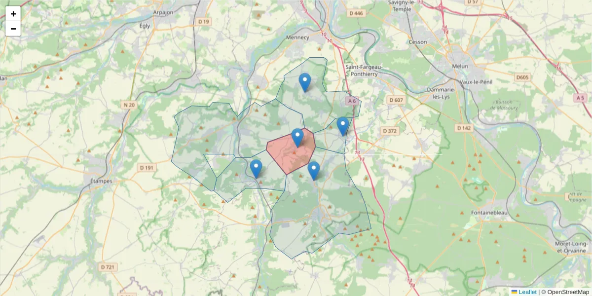 Carte de la zone du code postal  et des codes postaux voisins en France