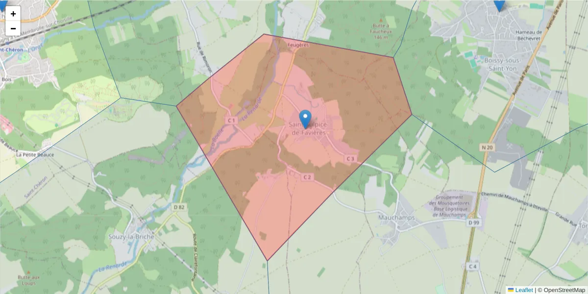 Carte de la zone du code postal  et des codes postaux voisins en France