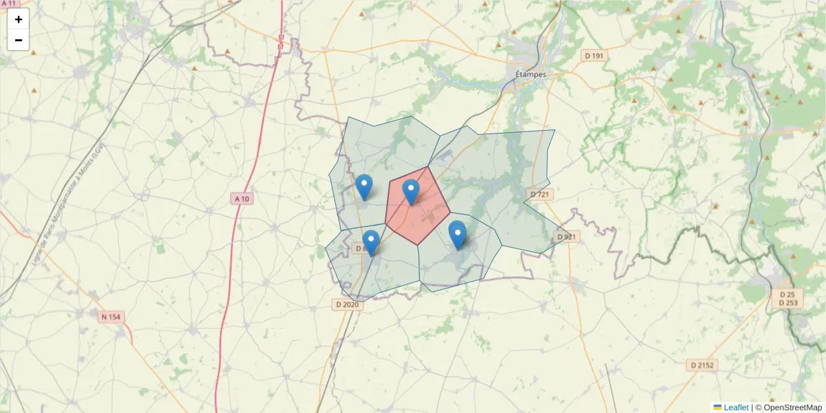 Carte de la zone du code postal  et des codes postaux voisins en France
