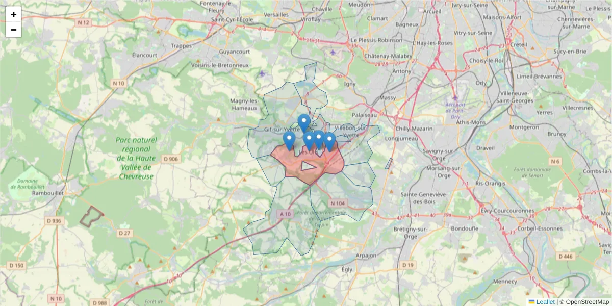 Carte de la zone du code postal  et des codes postaux voisins en France