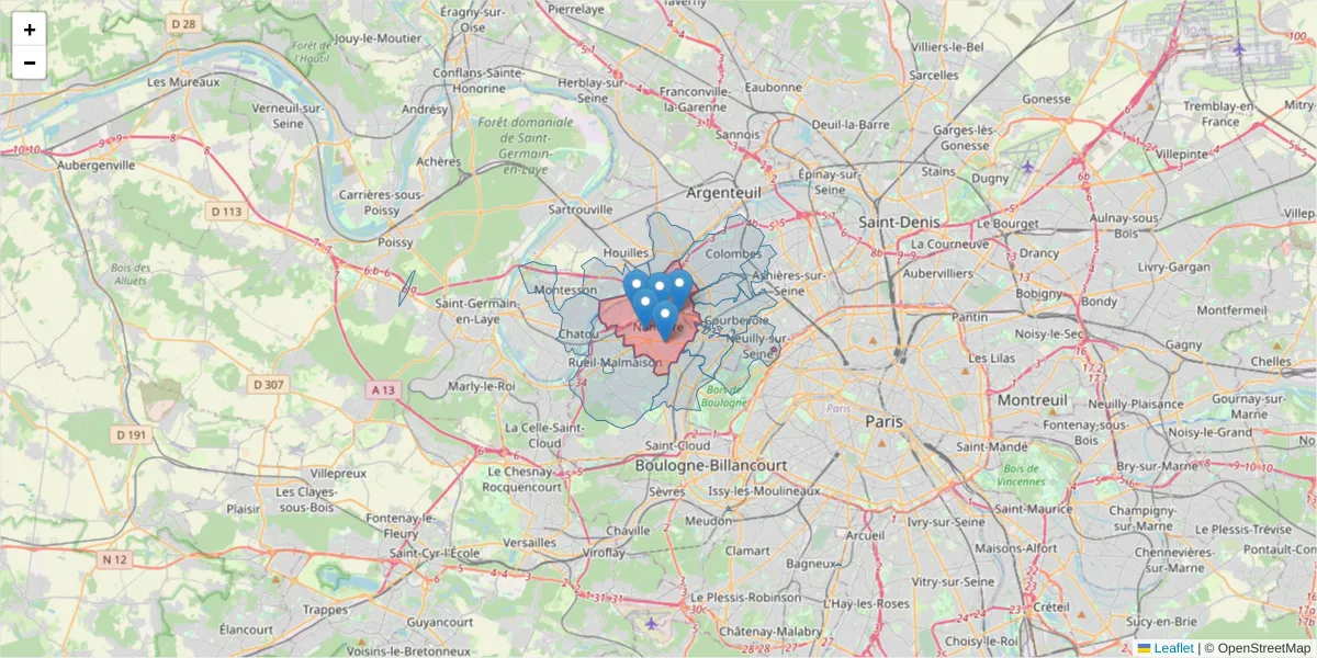 Carte de la zone du code postal  et des codes postaux voisins en France