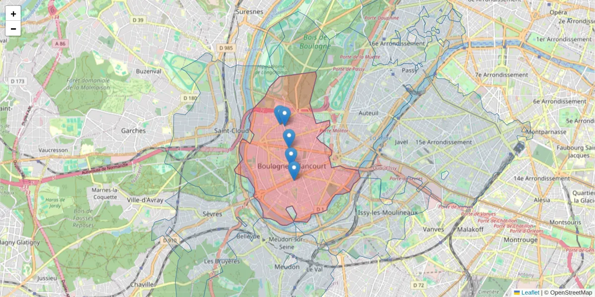 Carte de la zone du code postal  et des codes postaux voisins en France