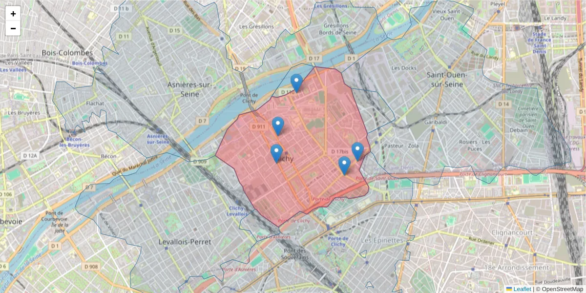 Carte de la zone du code postal  et des codes postaux voisins en France