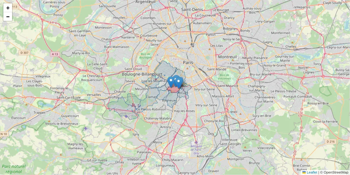 Carte de la zone du code postal  et des codes postaux voisins en France