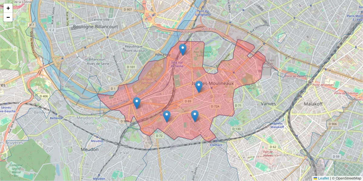 Carte de la zone du code postal  et des codes postaux voisins en France