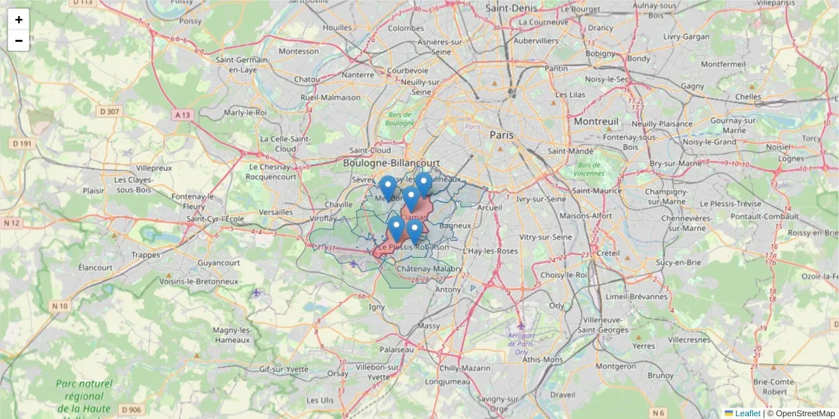 Carte de la zone du code postal  et des codes postaux voisins en France